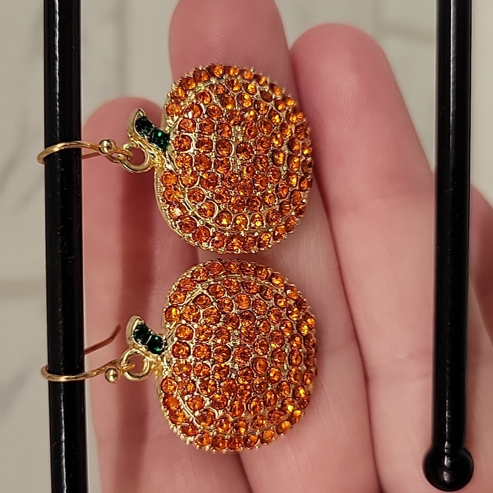 Pumpkin Dangle Earrings Sparkly Rhinestones Goldtone